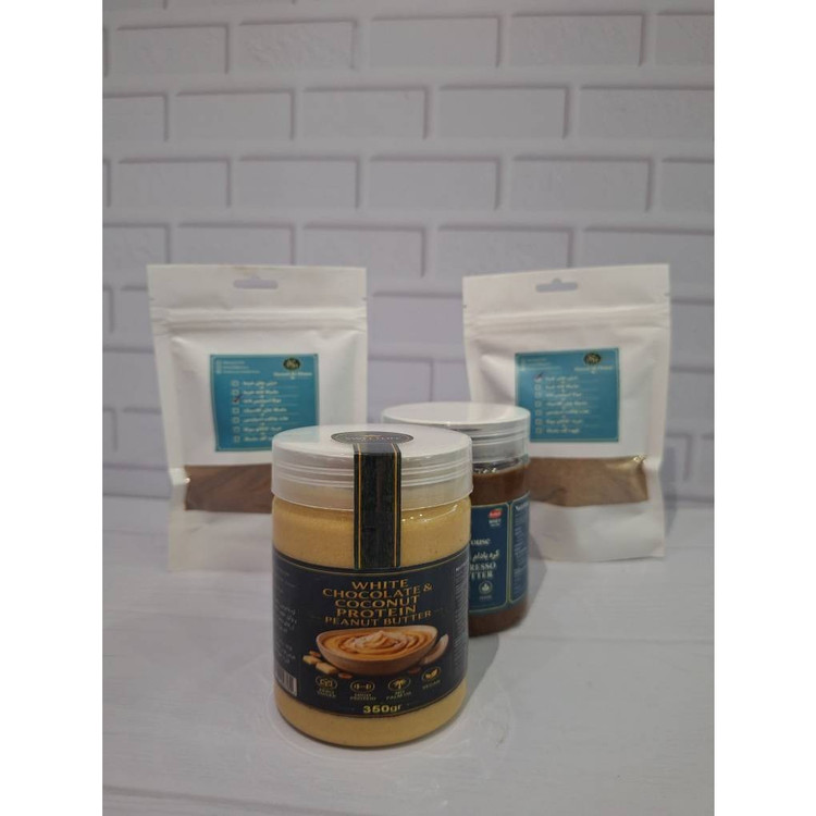 پکیج رژیمی فیت بادی Sweetlife House (کره بادام زمینی شکلات تلخ/نارگیل + چای لاته خرمایی + موکا اسپایس لاته)