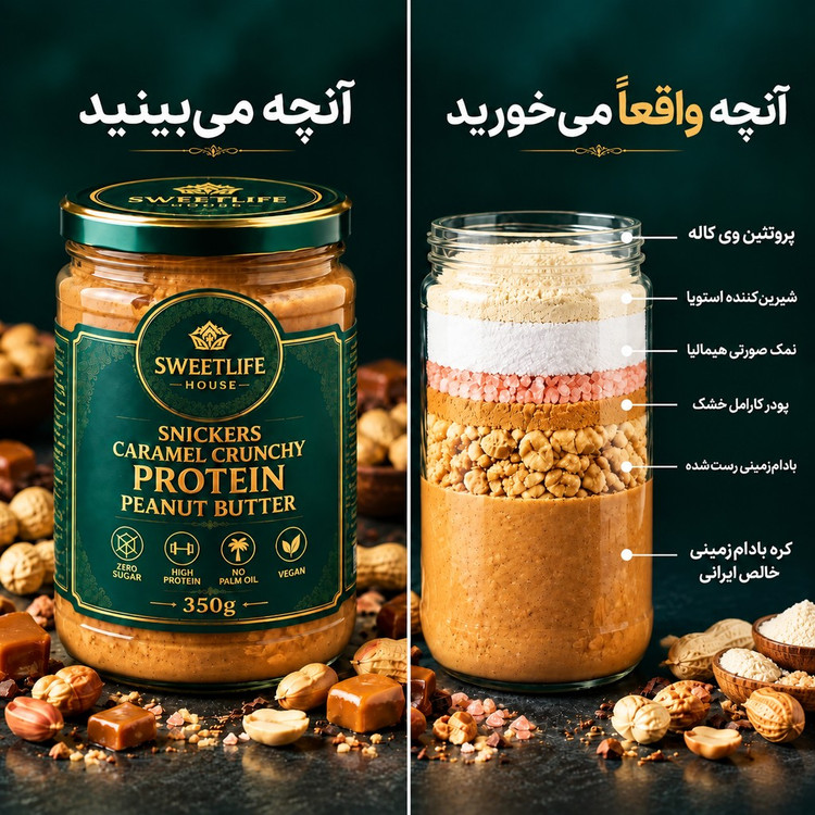 کره بادام زمینی پروتئینی رژیمی با طعم کارامل و تافی همراه با تکه های کرانچی بادام زمینی350گرمی