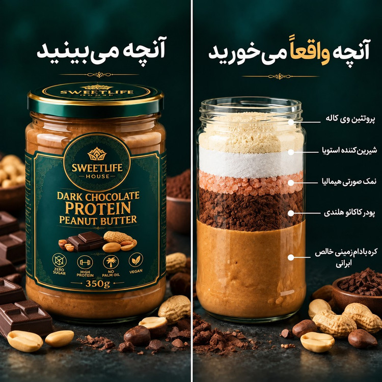 کره بادام زمینی پروتئینی رژیمی شکلات تلخ 350گرمی(غنی شده با پروتئین وی)
